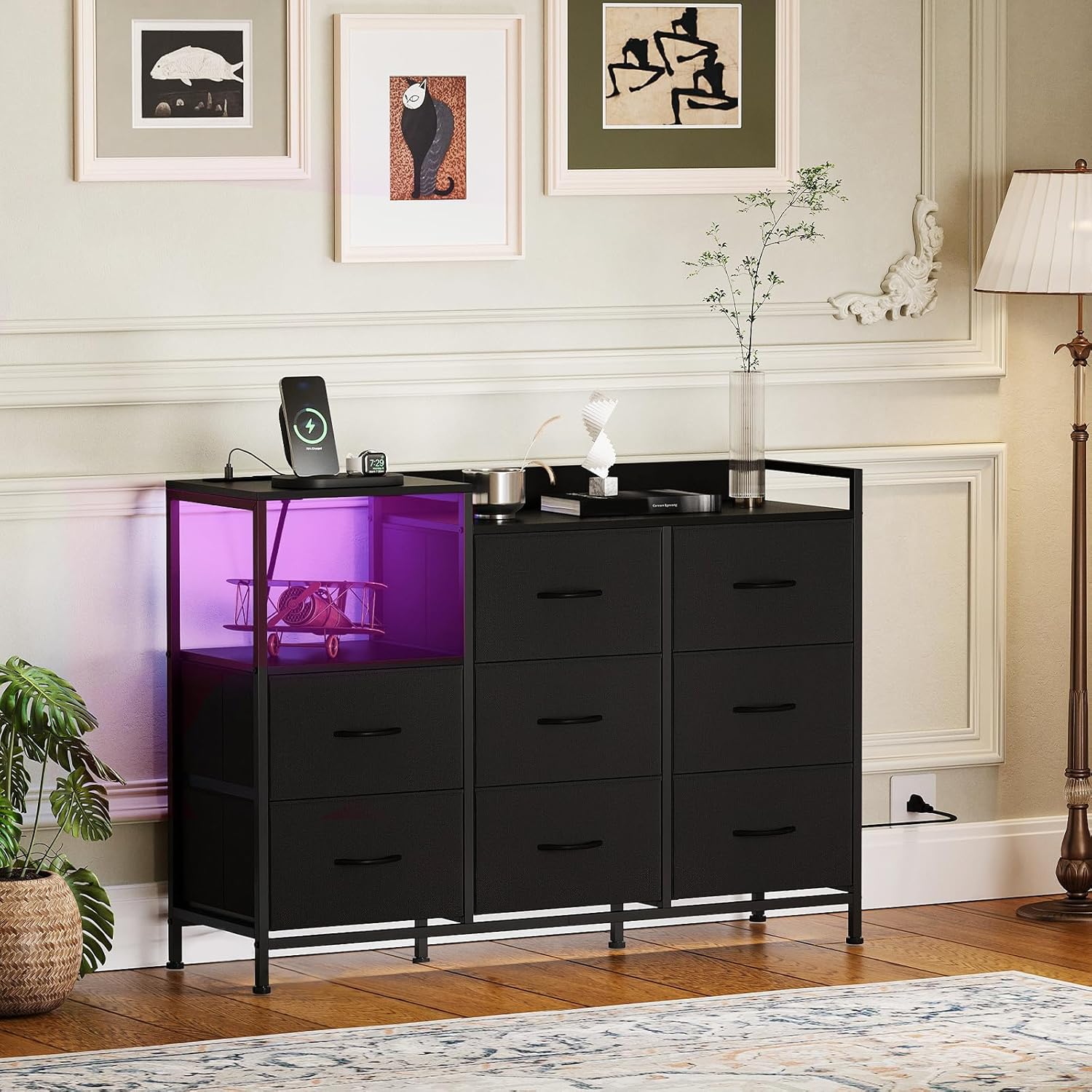 Dresser with Charging Station and Open Shelves,Dresser for Bedroom with 8 Storage Drawers,Storage Cabinets Organization Units for Living Room, Hallway, Sturdy Metal Frame,Wood Top, Black